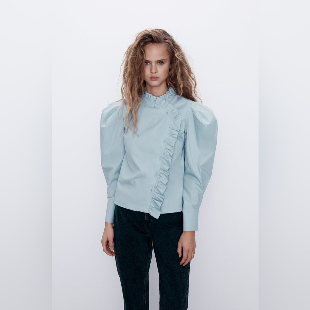 Zara Light Blue Ruffle Blouse